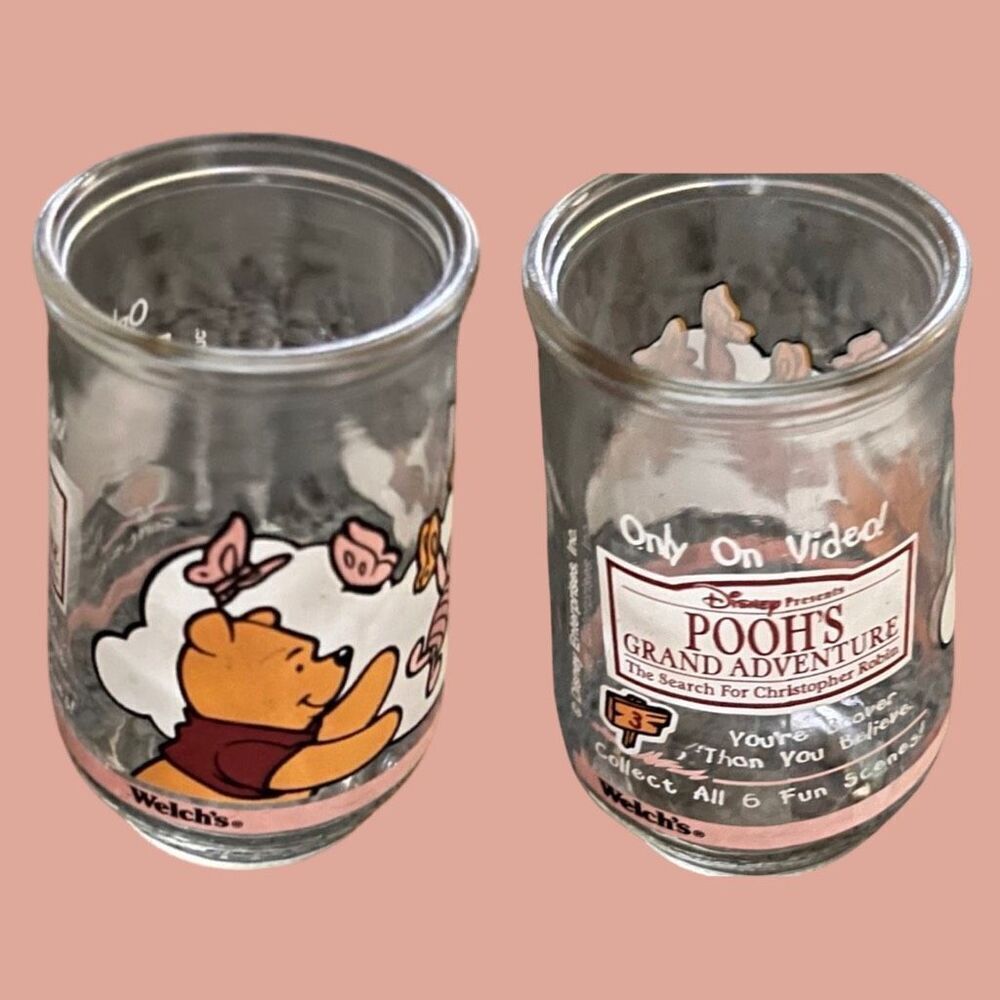 2 Vintage Welch's Disney Winnie The Pooh Jelly Jar Glass Pooh's Grand Adventure